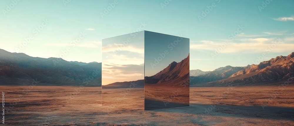 Poster reflective metallic monolith in a vast desert landscape at sunset surreal mirrored cube reflecting t