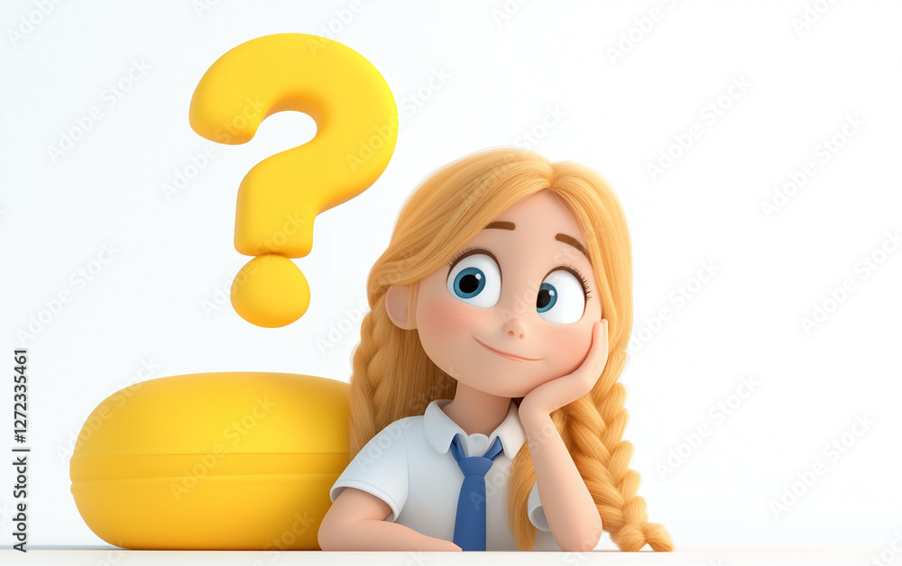 Poster girl with question mark cartoon character thinking with curious expression. cartoon girl character w