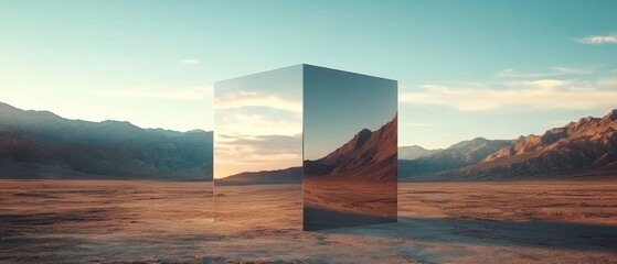 Reflective metallic monolith in a vast desert landscape at sunset Surreal mirrored cube reflecting the mountains and sky Concept of mystery, illusion, and otherworldly beauty