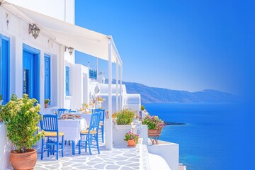 Fototapeta premium Whitewashed Aegean Restaurant Overlooking Scenic Ocean View