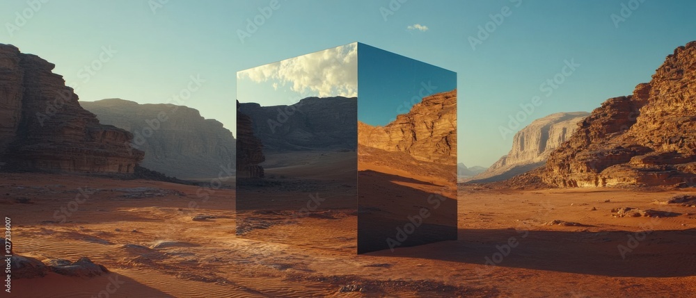 Poster reflective monolith in a vast desert landscape at sunset surreal mirrored cube reflecting the rocky 