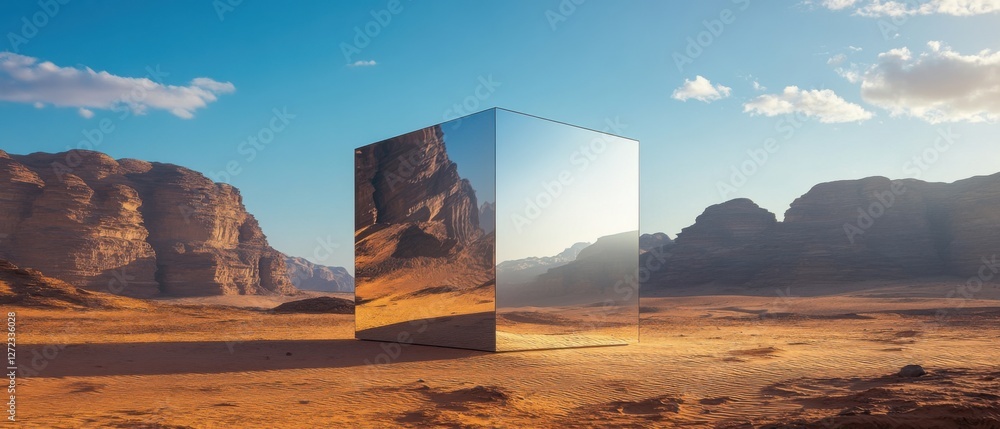 Poster mysterious mirrored monolith in a vast desert landscape at sunset reflective cube reflecting the sur