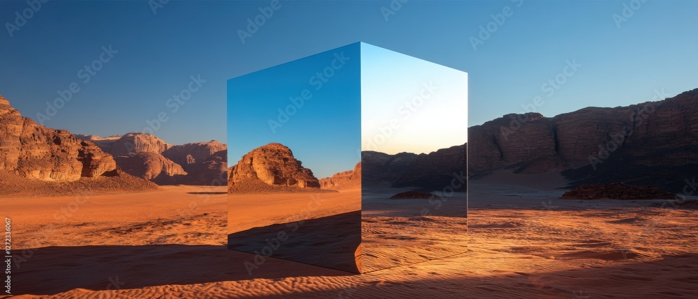 Poster reflective metallic cube art installation in wadi rum desert at sunset surreal landscape with mirror