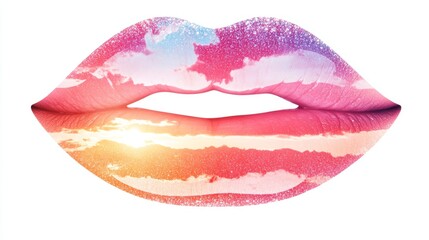Obraz premium A close-up shot of a pair of lips with a vibrant, colorful, sunset-like design. The glossy finish adds a touch of shine and luxury.