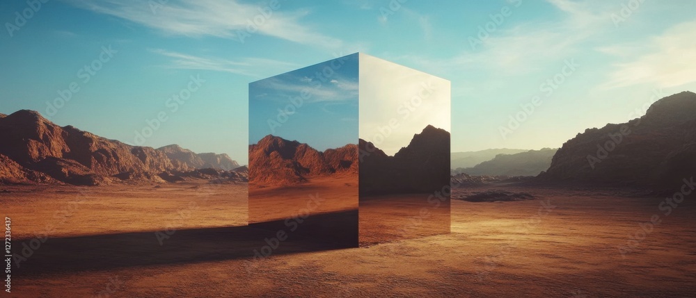 Poster mysterious reflective metal monolith or cube in a vast desert landscape with mountains, reflecting t