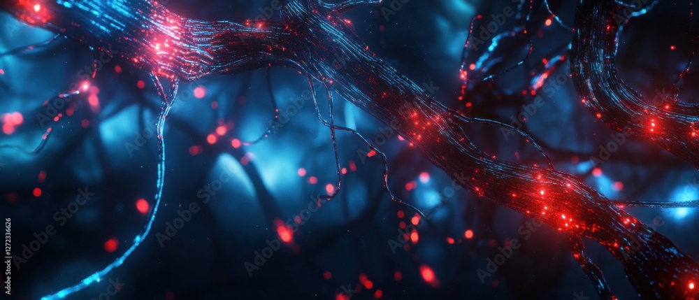 Poster abstract 3d rendering of glowing nerve fibers with red and blue lights, depicting neural network, br