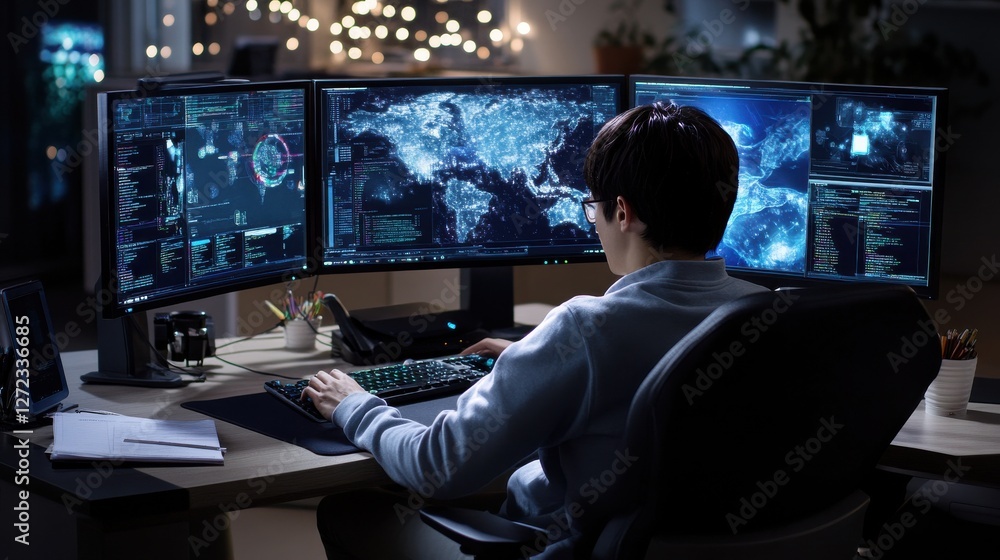 Poster A man is sitting in front of three computer monitors