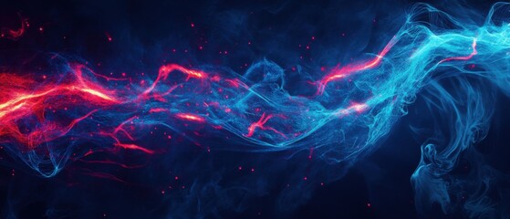 Abstract swirling red and blue smoke or energy waves on a dark background Dynamic interplay of color and form, ideal for backgrounds, wallpapers, or representing concepts like fire and ice, energy flo