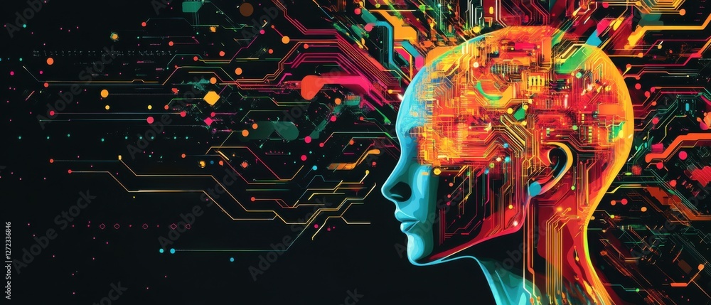 Poster artificial intelligence concept: colorful profile of a human head with circuit board pattern, symbol