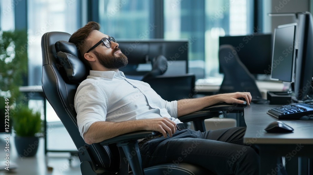 Aufkleber a man is sitting in a chair with a computer monitor in front of him