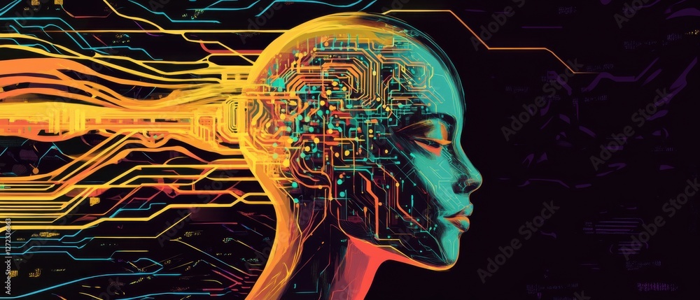 Poster woman with circuit board head and flowing data streams, symbolizing artificial intelligence, technol