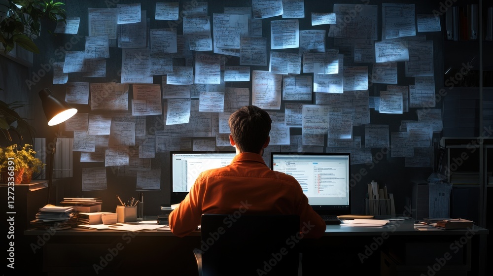 Aufkleber A man sits at a desk with two computer monitors and a wall covered in papers