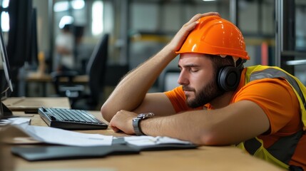 A man in an orange shirt and a hard hat is sleeping at his desk