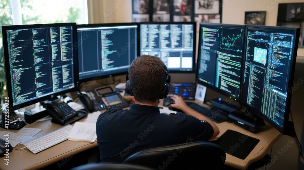 Aufkleber A man is sitting at a desk with four computer monitors in front of him