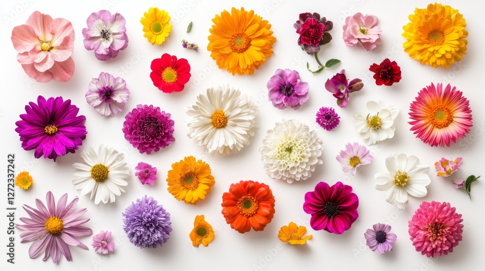 Aufkleber This vibrant display showcases a diverse array of flowers artfully arranged from a top-down perspective. Bright hues and unique shapes highlight nature's beauty, inviting admiration and inspiration