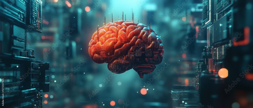 Poster futuristic glowing human brain with circuit board pattern in abstract technological cityscape concep