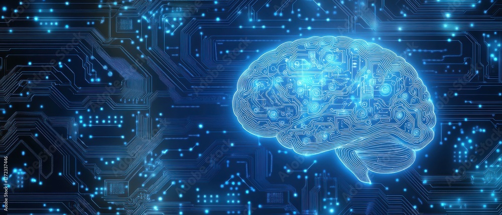 Poster glowing blue digital brain outline on circuit board background concepts of artificial intelligence, 