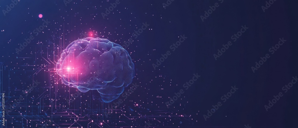 Poster artificial intelligence concept: 3d rendered digital brain with glowing circuits on a dark blue back