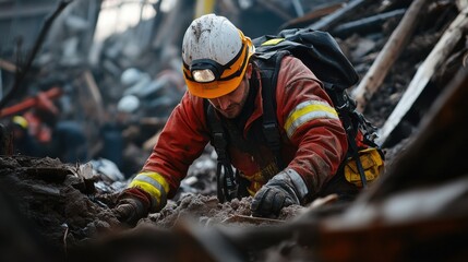 A man in a red and yellow fireman's outfit is digging through rubble