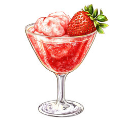 A strawberry slush drink in a stylish glass, garnished with a fresh strawberry, transparent background, PNG