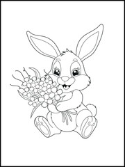 Illustration of a cute bunny cartoon character holding a flower bouquet. Black and white Printable rabbit coloring page for kids.
