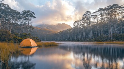 Sunrise Lake Camping, Mountain Reflection, Peaceful Dawn