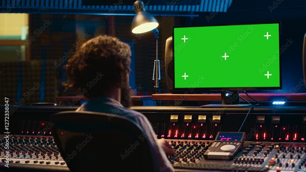 Fototapete Tracking engineer watching tutorials online to learn mixing and mastering techniques, greenscreen display on pc and processing sounds. Artist technician operates control room switchers. Camera A.