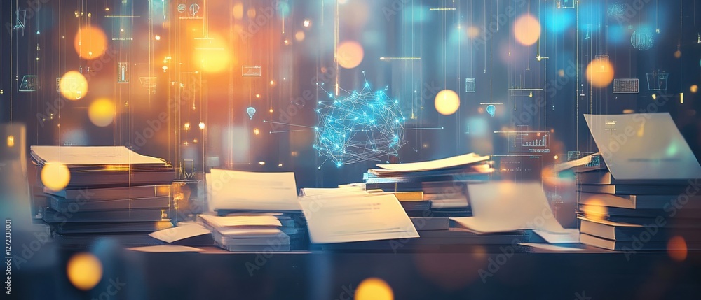 Poster stacks of documents and books on a desk with digital network sphere and icons overlay, representing 