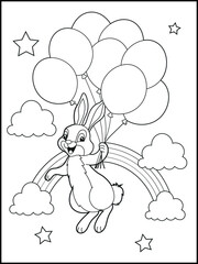 Illustration of a cute bunny cartoon character holding balloons. Black and white Printable rabbit coloring page for kids.
