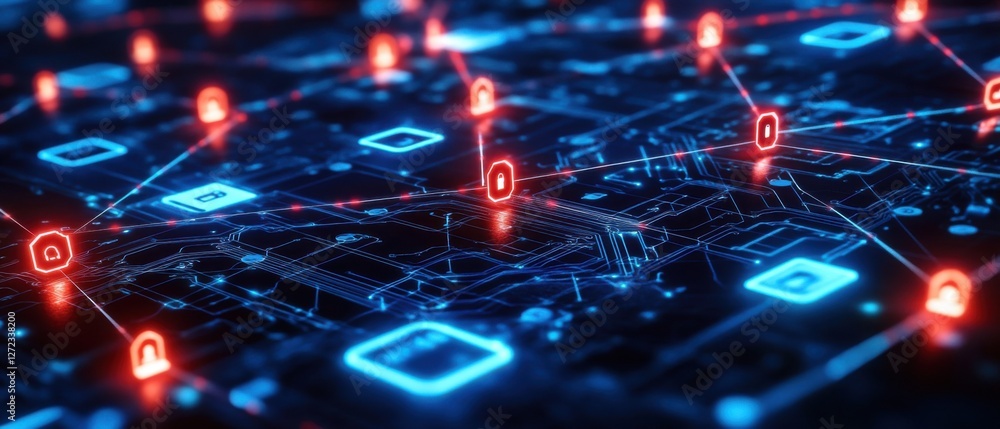 Aufkleber futuristic cybersecurity concept with red and blue glowing lock icons on a dark circuit board, repre