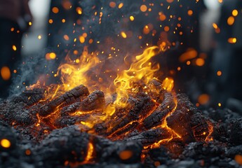 Vibrant Ember Glow and Flickering Flame Above Charred Logs in a Smoky Environment Capturing the Beauty of Fire in Nature
