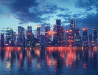 Fototapeta premium Futuristic City Skyline at Dusk with Empty Road and Sidewalk in Background