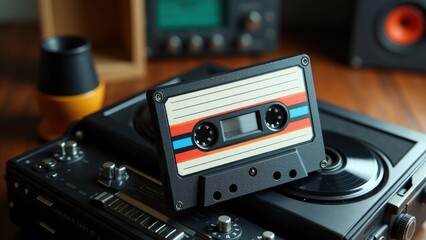 Fototapeta premium A vintage cassette tape with colorful stripes is placed on a retro audio player, evoking nostalgia for analog music.