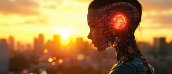 Futuristic female android with glowing circuitry at sunset overlooking a cityscape Concept of artificial intelligence, technology, and the future