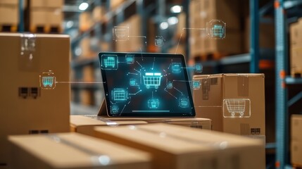office desk with tablet showing inventory tracking, closeup with natural light,  with logistic icons