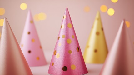 Pink gold party hats bokeh background