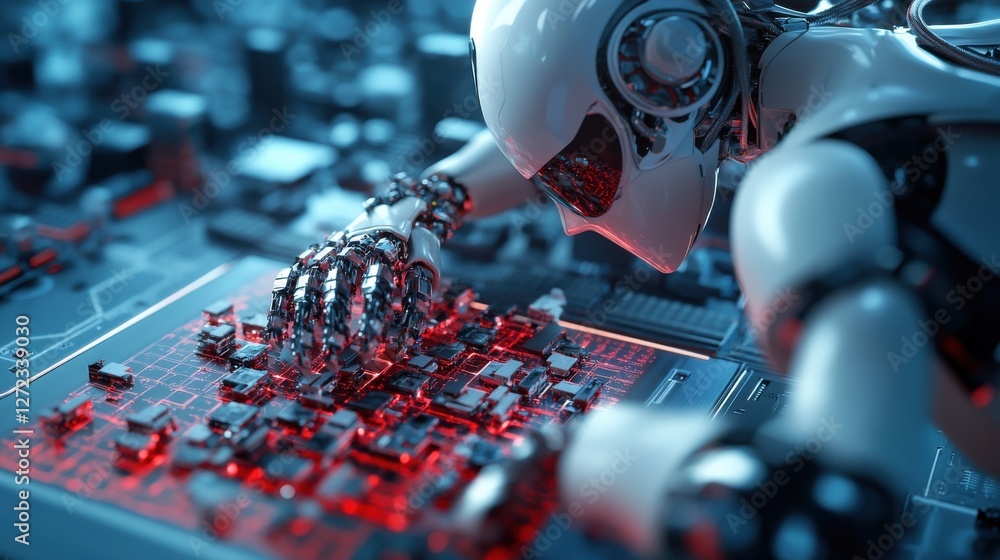 Poster a robot is working on a computer chip