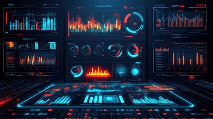 futuristic inventory dashboard on multiple monitors, dark background and holographic data,  with supply chain details