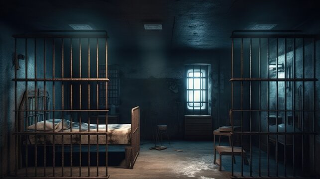 Realistic 3D Rendering of a Dark Prison Cell at Night with Heavy Iron Bars and Sparse Furnishings