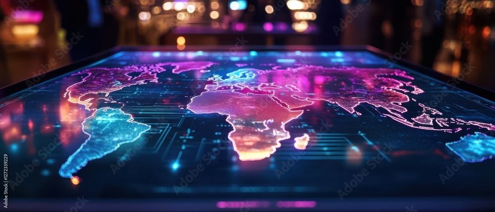Aufkleber futuristic world map displayed on a digital table with blurred people in the background global busin