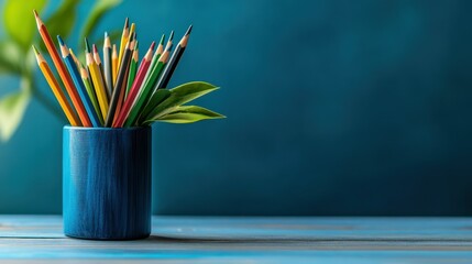 Colored pencils, blue holder, green leaves, background