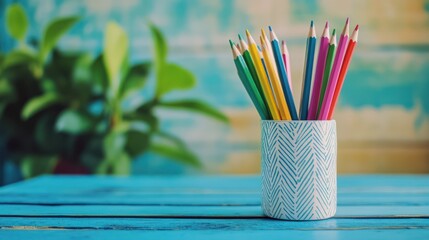 Colorful pencils, blue table, plant, art