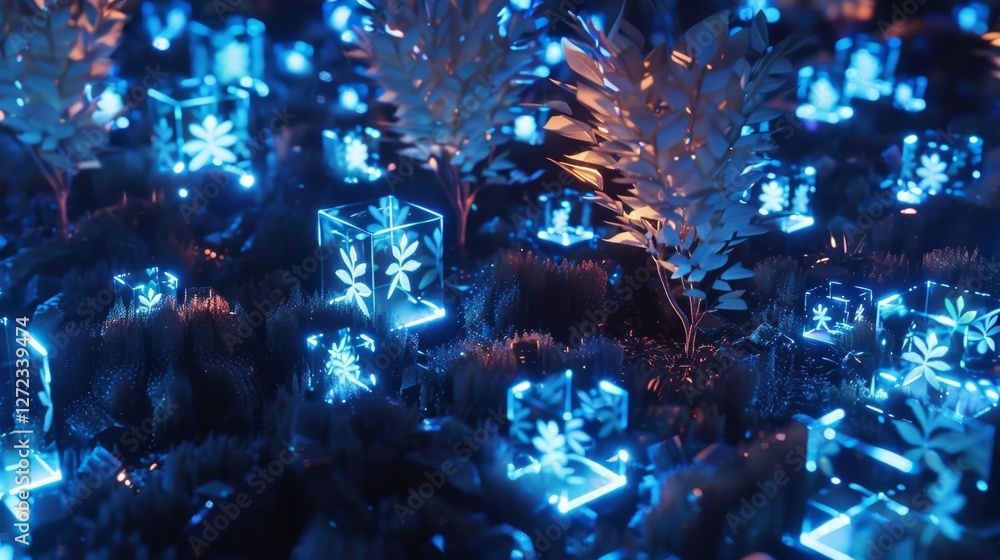 Poster luminescent cubes emerge from the ground forming intricate digital leaves that symbolize the exponen
