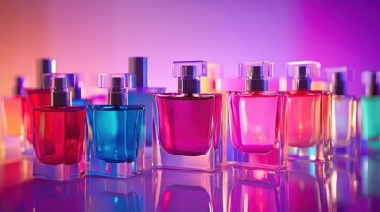 Colorful perfume bottles neon backdrop