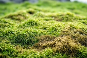 Naklejka premium Lush Green Grass and Wild Moss with Electric Lawn Dethatcher Leftover Debris in Serene Landscape