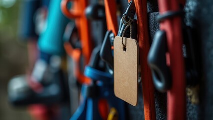 A close-up of various climbing gear, including a climbing harness, hanging on a wall.