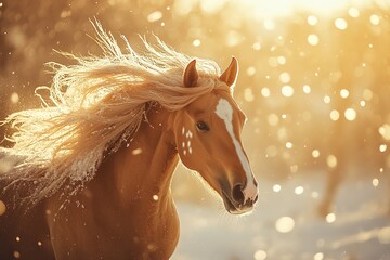 Majestic Palomino Horse Runs Free in Winter Wonderland, Golden Coat Glows, Breathtaking Scene