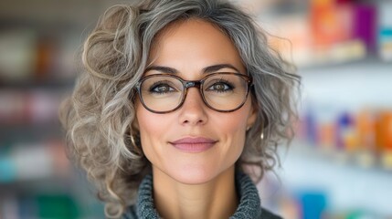 Confident mature woman with graying curly hair and glasses, smiling gently.  She exudes a calm and approachable vibe.