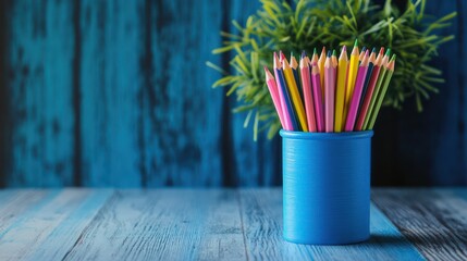 Colorful pencils, blue holder, wood, plant