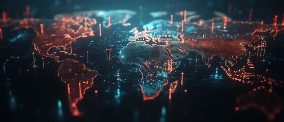 Obraz premium Abstract digital world map with glowing data points and connections Global network and communication concept visualized with futuristic technology and big data analysis